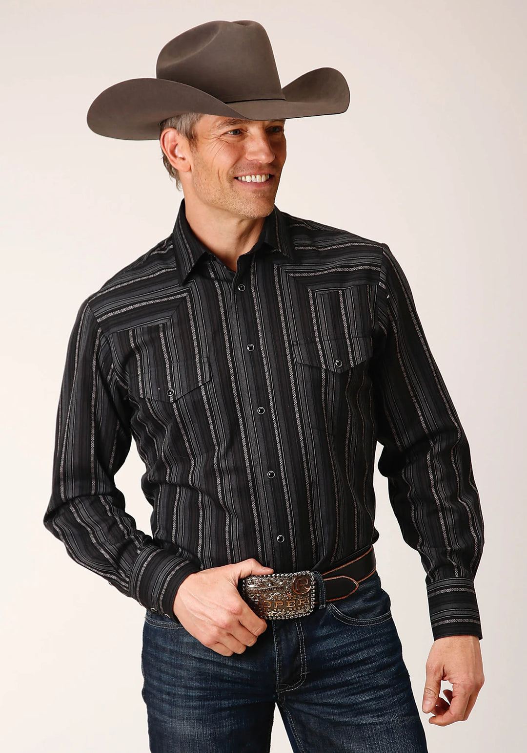 Men's long sleeve snap black charcoal grey stripe western shirt
