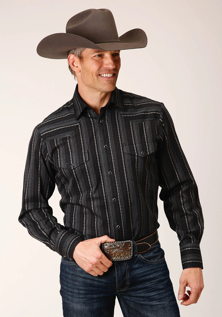 Men's long sleeve snap black charcoal grey stripe western shirt