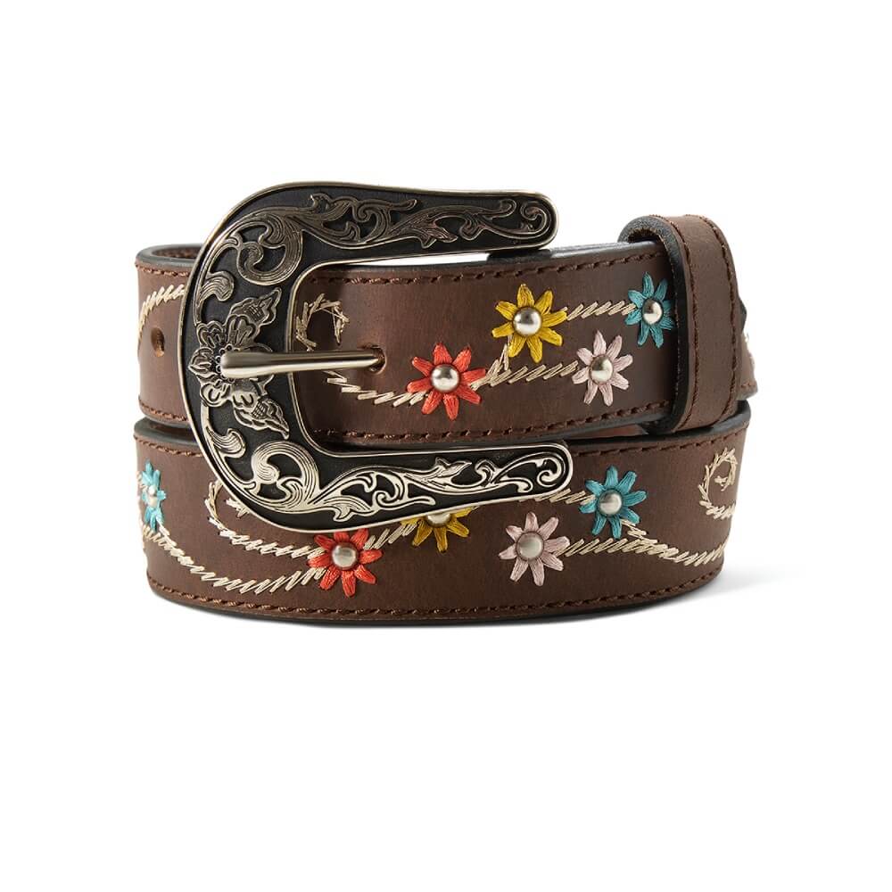 Ariat Multi colored Embroidered Flowers Brown Girls Belt