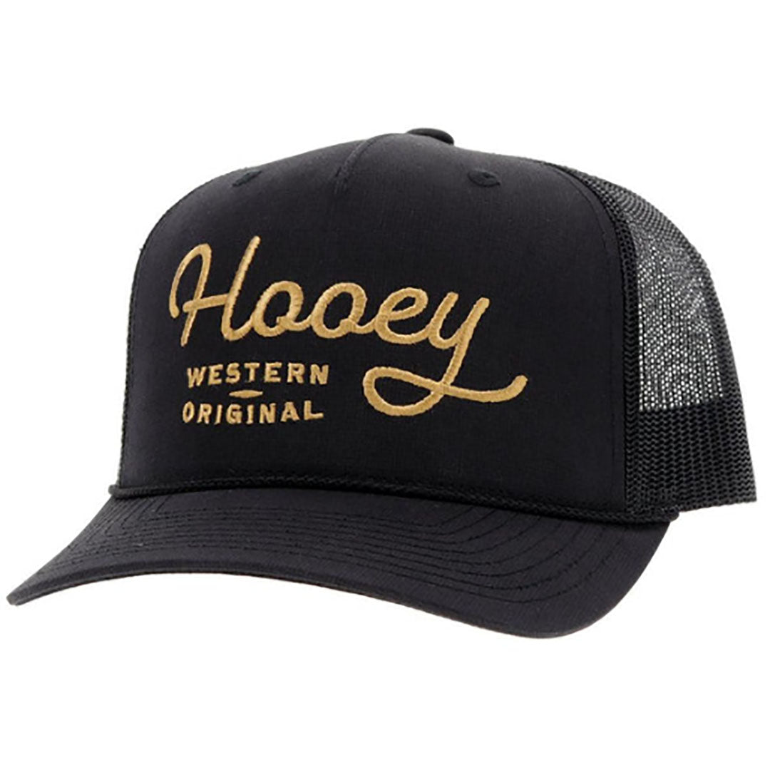 Hooey Black 5 Panel Trucker with Hooey In Gold Stitching Cap