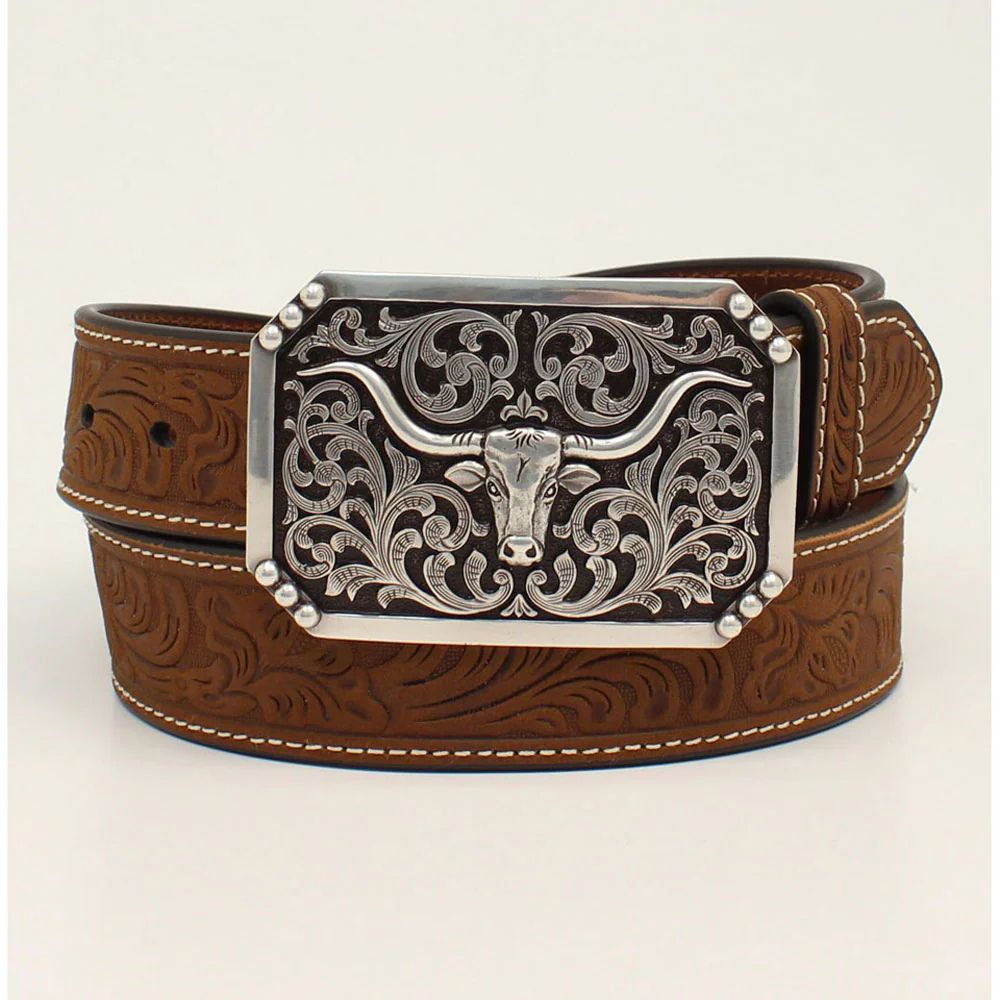 3D Mens Belt Floral Embossed Longhorn Buckle Brown