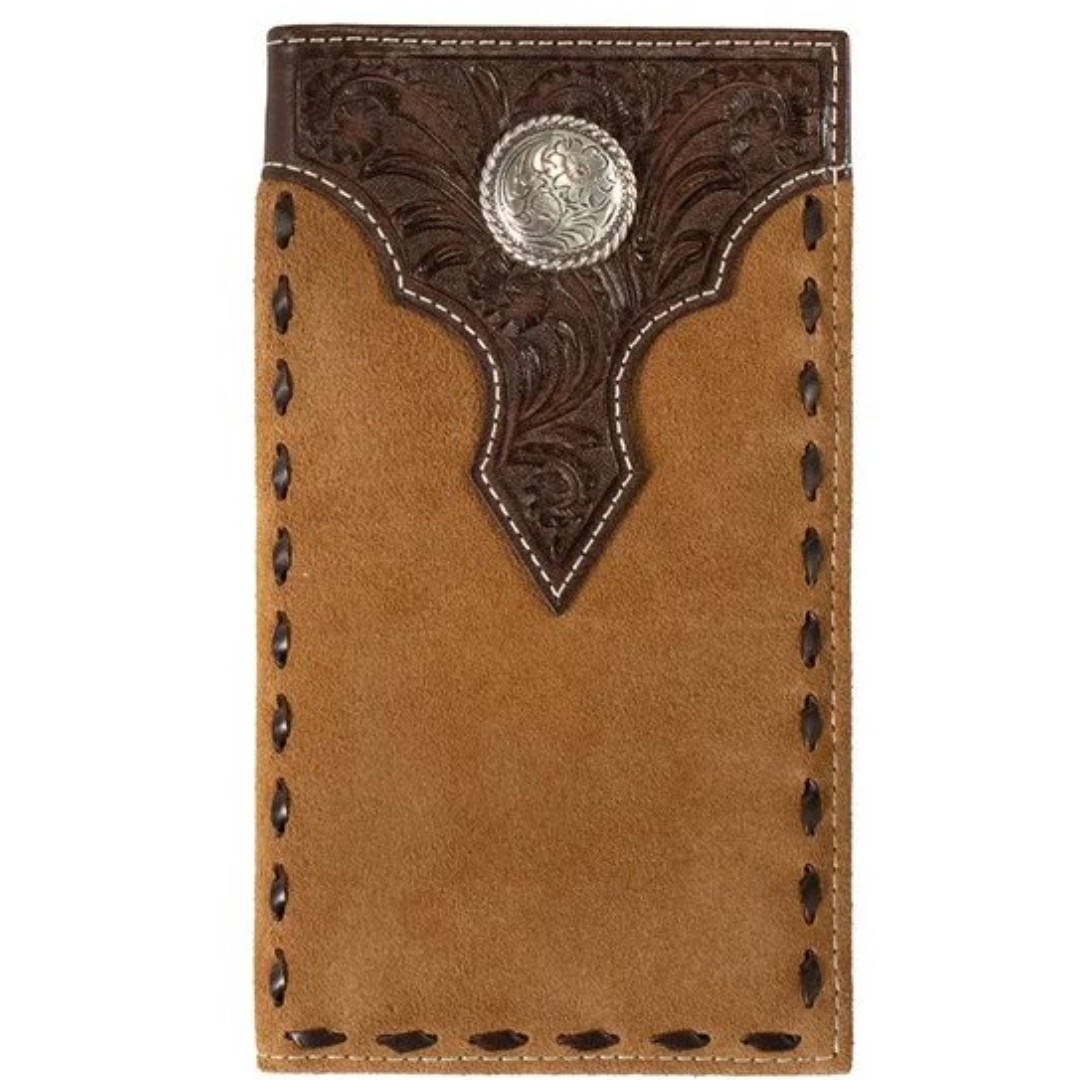Nocona Mens Rodeo Style Wallet Floral Overlay Roughout Tan