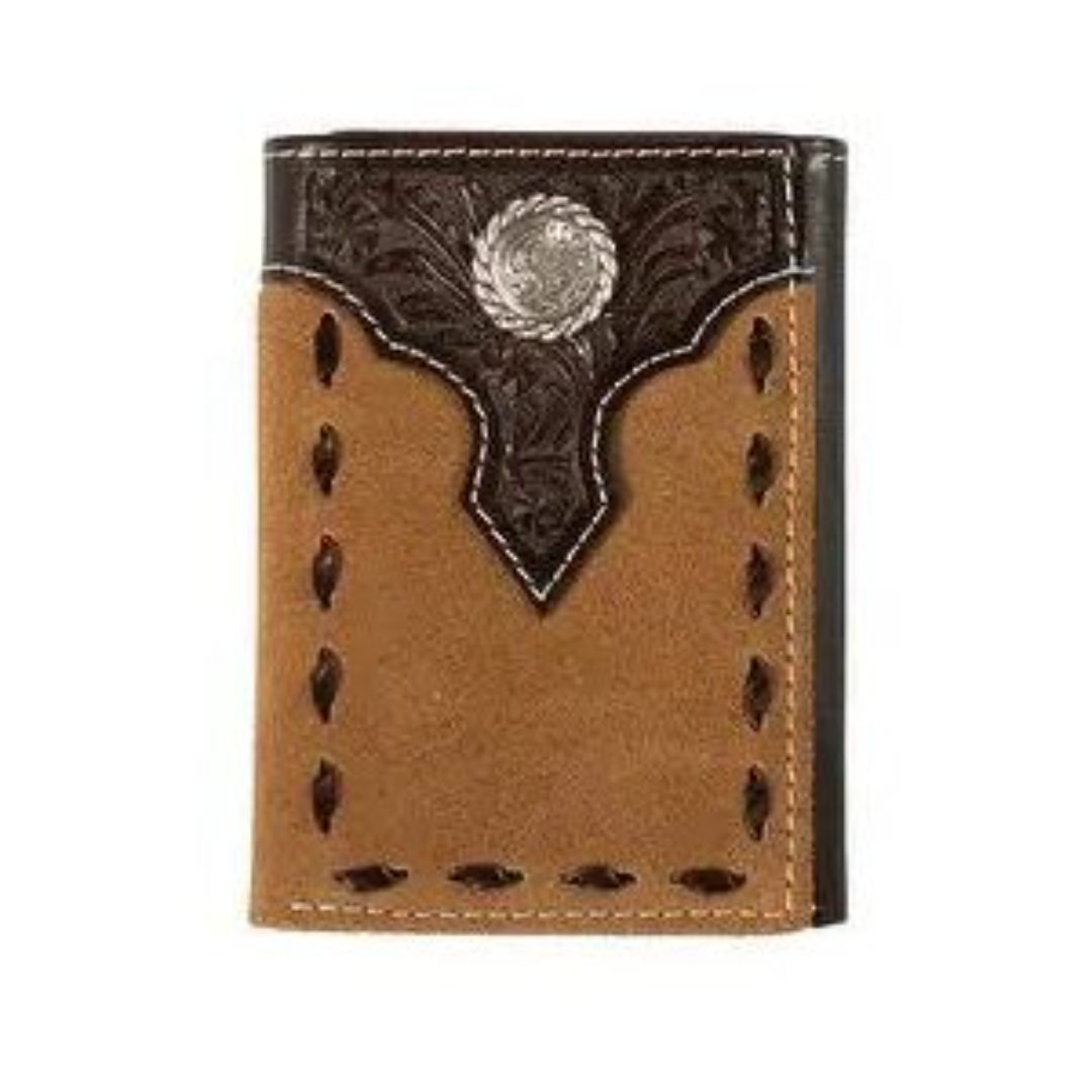 Nocona Mens Trifold Style Wallet Floral Overlay Roughout Tan