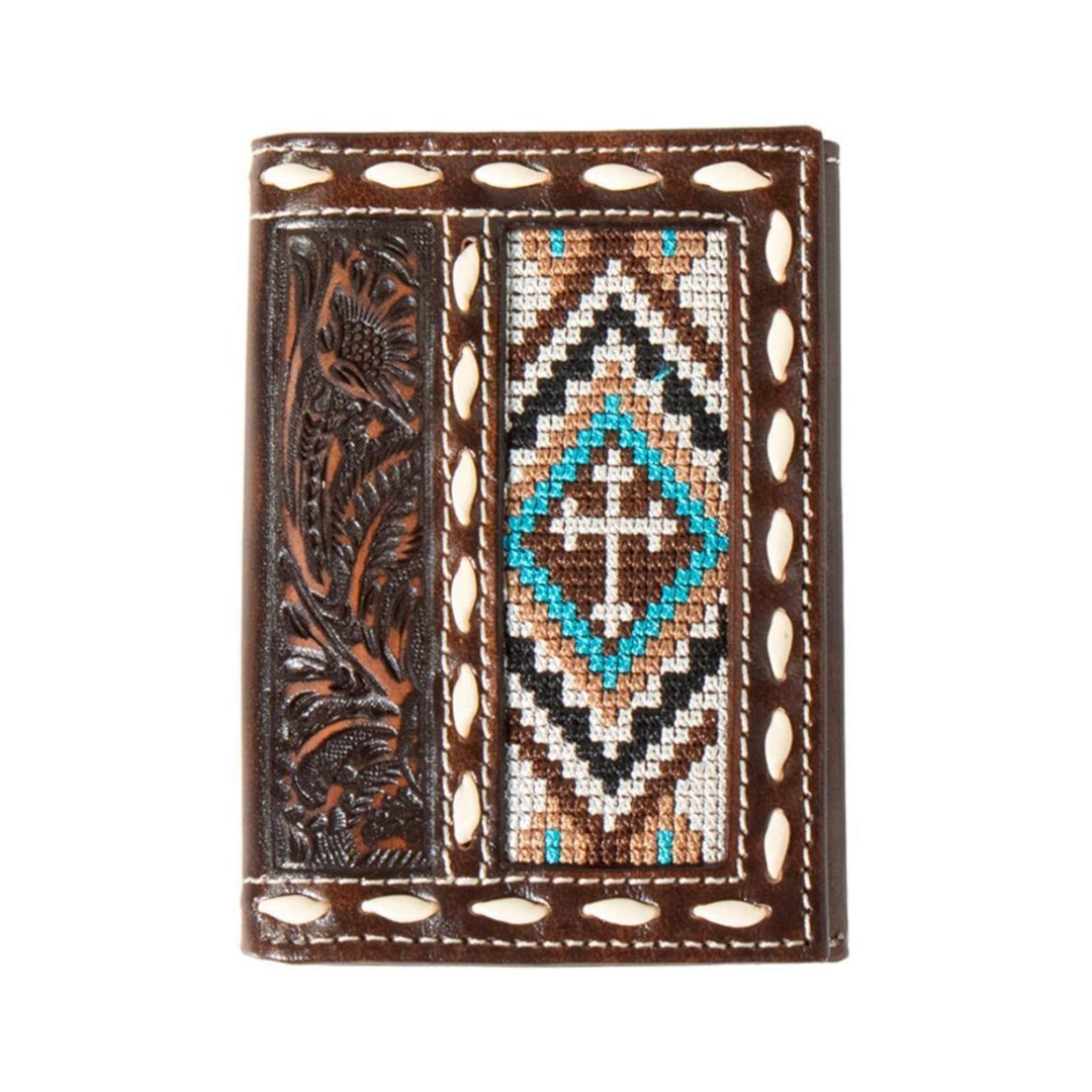 Nocona Mens Trifold Wallet Floral Embossed Cross Embroidered Brown Wallet