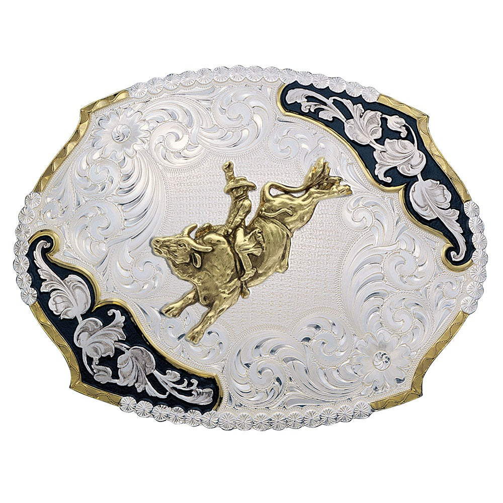 Montana Silversmiths Antique Leaves Western Belt Buckle with Bull Rider