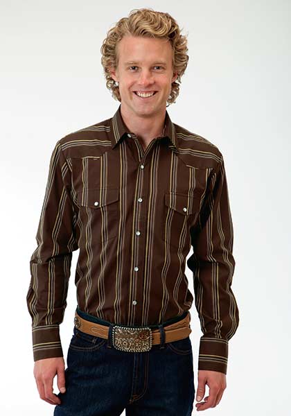 Roper Men's Wide Brown Stipe Long Sleeve Snap Shirt