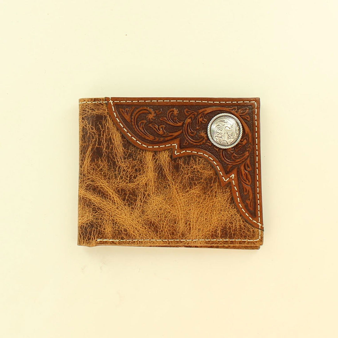 Ariat Bi-Fold Silver Concho Embossed Corner Tan Leather Wallet