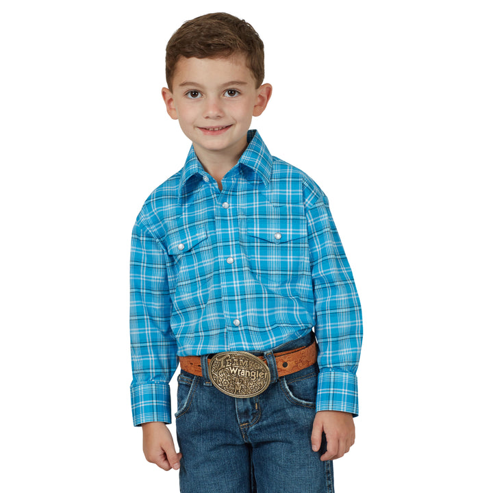 Wrangler Boy's Wrinkle Resist Long Sleeve Snap Shirt Blue