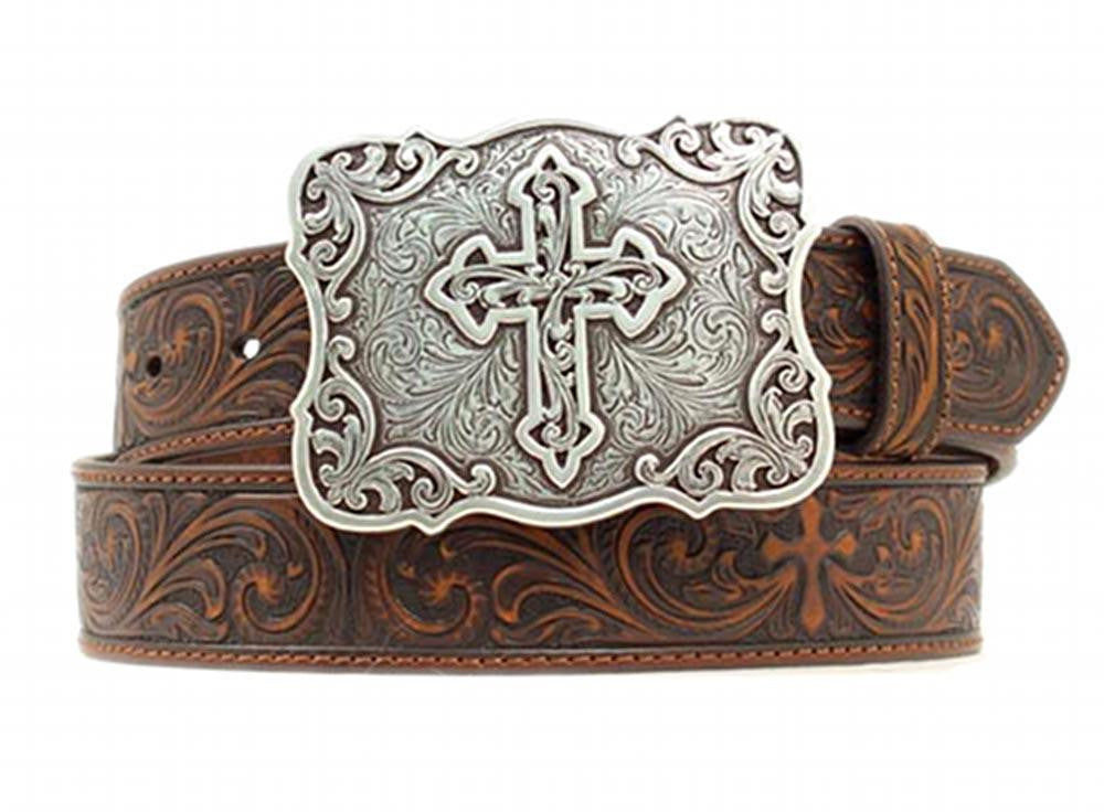 Nocona Women s Embossed Cross Buckle Brown Leather Belt Gavel Western Wear