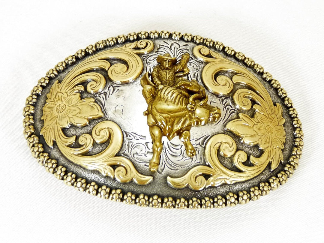 Nocona Oval Bull Rider Antique Silver and Gold Belt Buckle