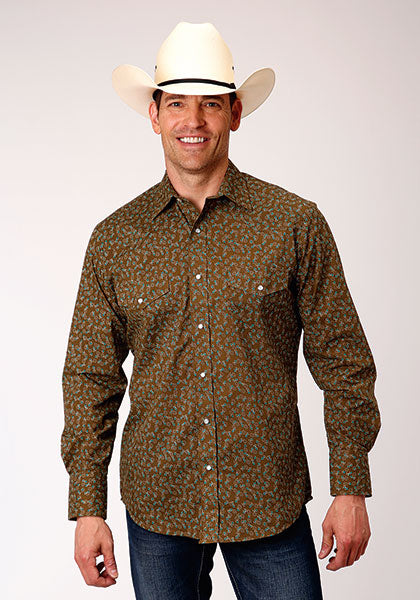 Roper Men's Brown, Turquoise & Cream Floral Shirt 2XL