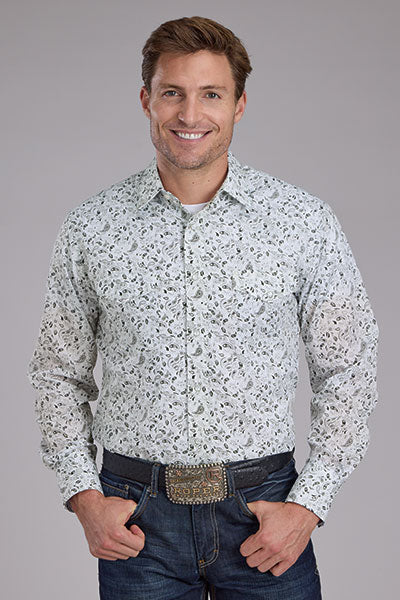 Roper Men's Long Sleeve White & Black Paisley Snap Shirt