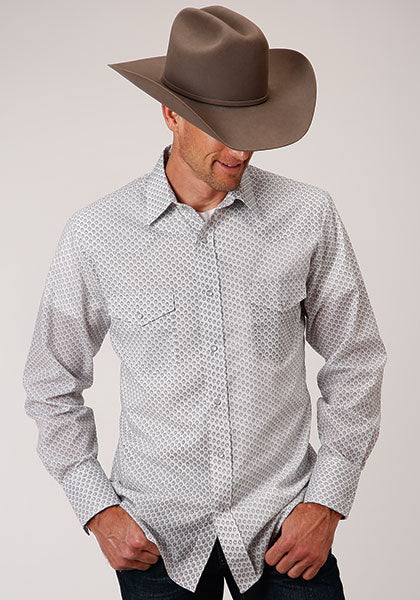 Roper Men's Long Sleeve  White Black Grey Teardrop Snap Print Shirt