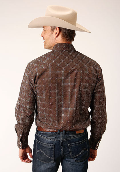 Roper Men's Long Sleeve Snap Print Brown White Retro Shirt