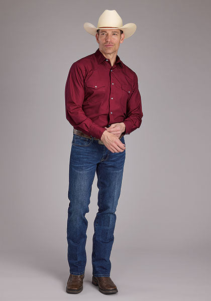 Roper Men's Long Sleeve Berry Solid Broadcloth Snap Shirt