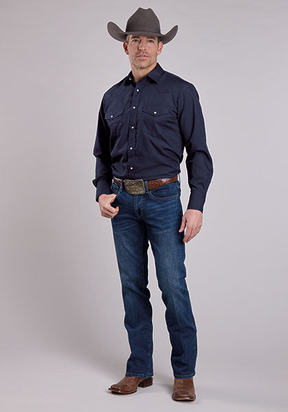 Roper Men's Long Sleeve Solid Snap Shirt - Deep Navy