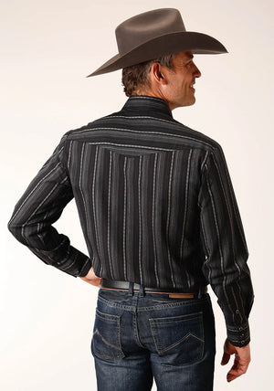 Men's long sleeve snap black charcoal grey stripe western shirt