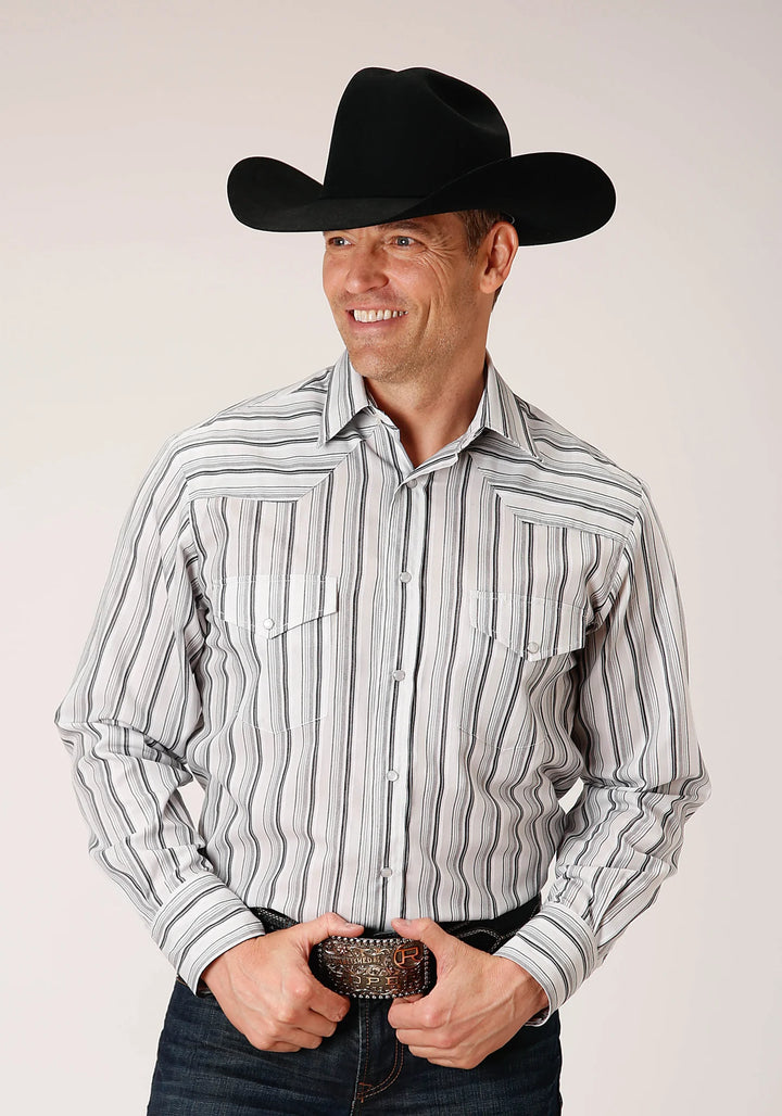 Roper Men's Long Sleeve Yarn Dyed Stripe Grey/Charcoal/White Stripe Snap Shirt