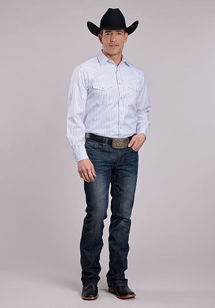 Roper Men's Long Sleeve Yarn Dyed Stripe Snap Shirt - White & Black