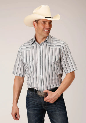 Roper Men's Short Sleeve Yarn Dyed Stripe Grey/Charcoal/White Stripe Snap Shirt
