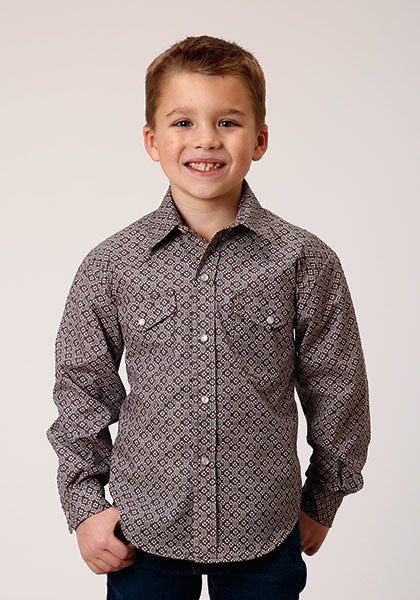 Roper Boys Long Sleeve Print Snap Shirt - Wine/Taupe Retro