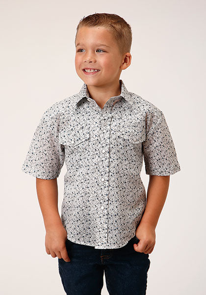 Roper Boys Short Sleeve Print Snap Shirt - Floral Blue Print