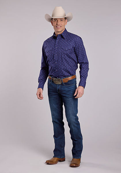 Roper Men's Long Sleeve Aztecs Print Snap Shirt - Blue