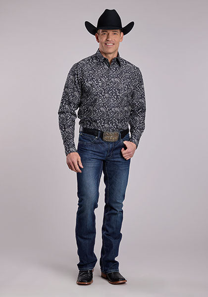 Roper Men's Archive Paisley Long Sleeve Shirt - Black