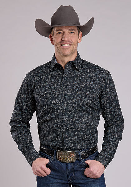 Roper Men's Long Sleeve Performance Allover Print Paisley Stamps - Black