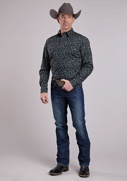 Roper Men's Long Sleeve Performance Allover Print Paisley Stamps - Black
