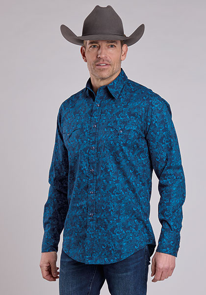 Roper Men's Long Sleeve Allover Print Brilliant Paisley Blue Shirt
