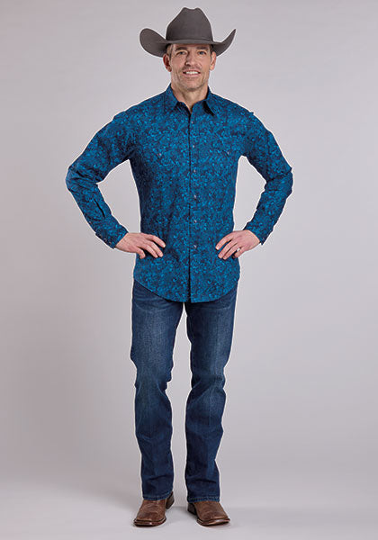 Roper Men's Long Sleeve Allover Print Brilliant Paisley Blue Shirt