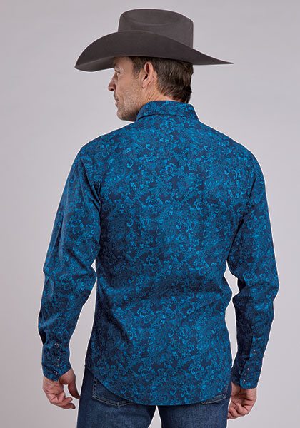 Roper Men's Long Sleeve Allover Print Brilliant Paisley Blue Shirt