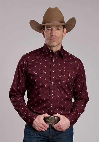 Roper Men's Long Sleeve Allover Skull Print Snap Shirt - Wine