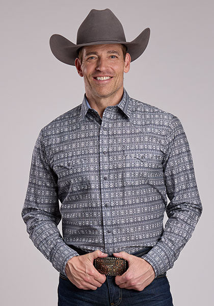 Roper Men's Long Sleeve Aztec Print Snap Shirt - Grey