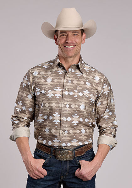 Roper Men's Long Sleeve Aztec Print Snap Shirt -Brown