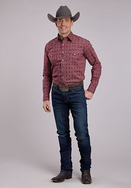 Roper Men's Long Sleeve Linear Aztec Vertical Performance Snap Shirt - Red Stripe