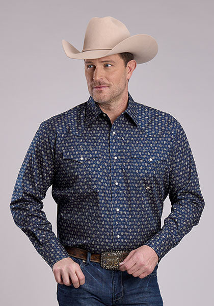 Roper Men's Long Sleeve Stretch Poplin Paisley Snap Shirt - Navy