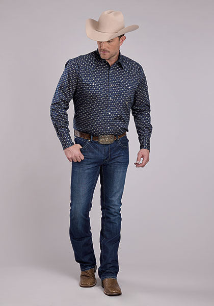 Roper Men's Long Sleeve Stretch Poplin Paisley Snap Shirt - Navy