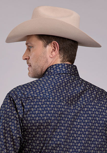 Roper Men's Long Sleeve Stretch Poplin Paisley Snap Shirt - Navy