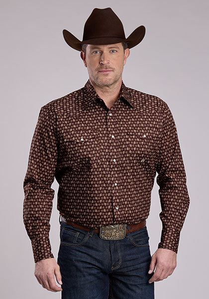 Roper Men's Long Sleeve Stretch Poplin Paisley Snap Shirt - Brown