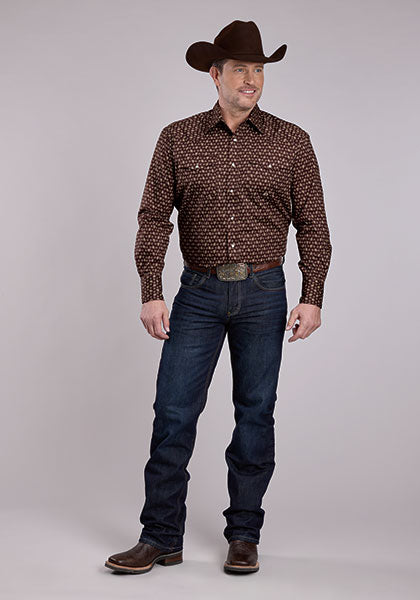 Roper Men's Long Sleeve Stretch Poplin Paisley Snap Shirt - Brown