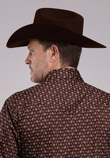 Roper Men's Long Sleeve Stretch Poplin Paisley Snap Shirt - Brown