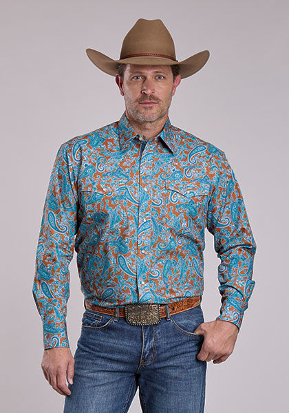 Roper Men's Desert Spring Paisley Long Sleeve Shirt - Rust/Blue