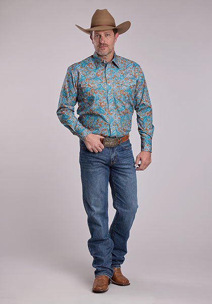 Roper Men's Desert Spring Paisley Long Sleeve Shirt - Rust/Blue