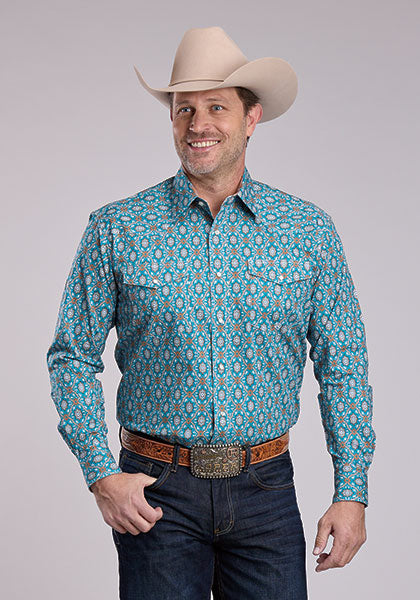 Roper Men's Vintage Ornate Paisley Long Sleeve Shirt - Blue/Turquoise
