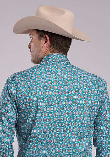 Roper Men's Vintage Ornate Paisley Long Sleeve Shirt - Blue/Turquoise