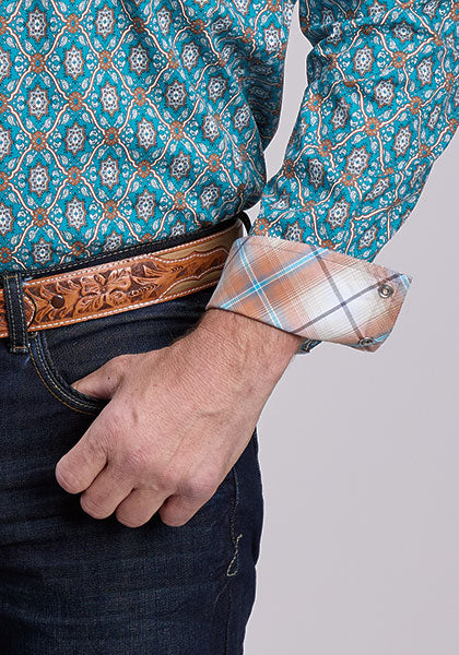 Roper Men's Vintage Ornate Paisley Long Sleeve Shirt - Blue/Turquoise
