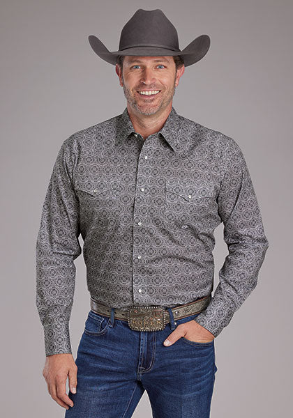 Roper Men's Long Sleeve Grey Medallion Paisley Amarillo Snap Shirt