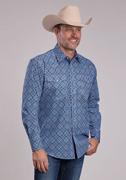 Roper Men's Amarillo Snap Print Long Sleeve Shirt -Blue